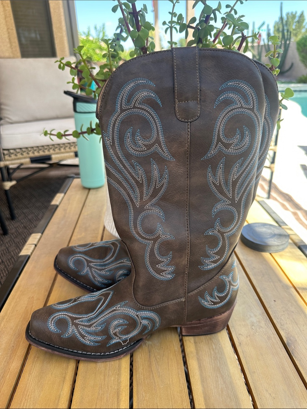Stunning brown and blue trim Roper cowgirl boot